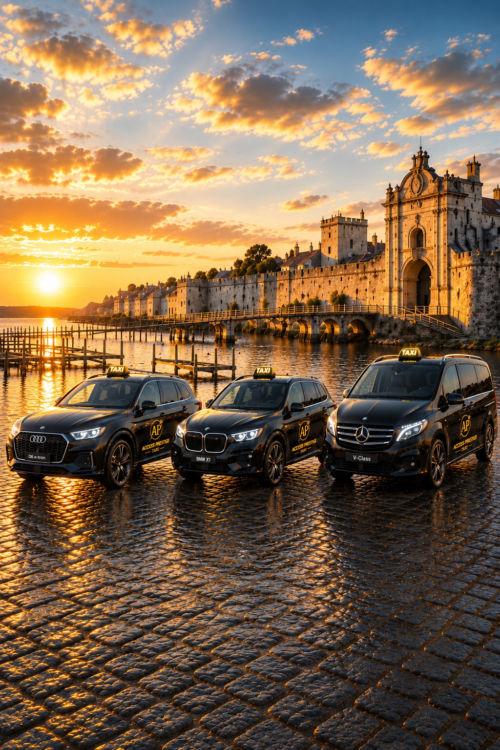 Access Prestige Taxi — Audi Q6, BMW iX1 et Mercedes V-Class avec logos Access Prestige